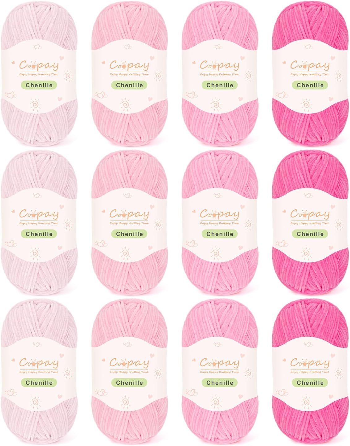 Coopay Chenille Yarn 600g(12×50g), Skinny Chenille Yarn for Crocheting and Knitting, Soft Velvet Thin Chenille Yarns Set for Crochet Blankets, Plush Dolls, Scarves, Socks & DIY Crafts, Pink