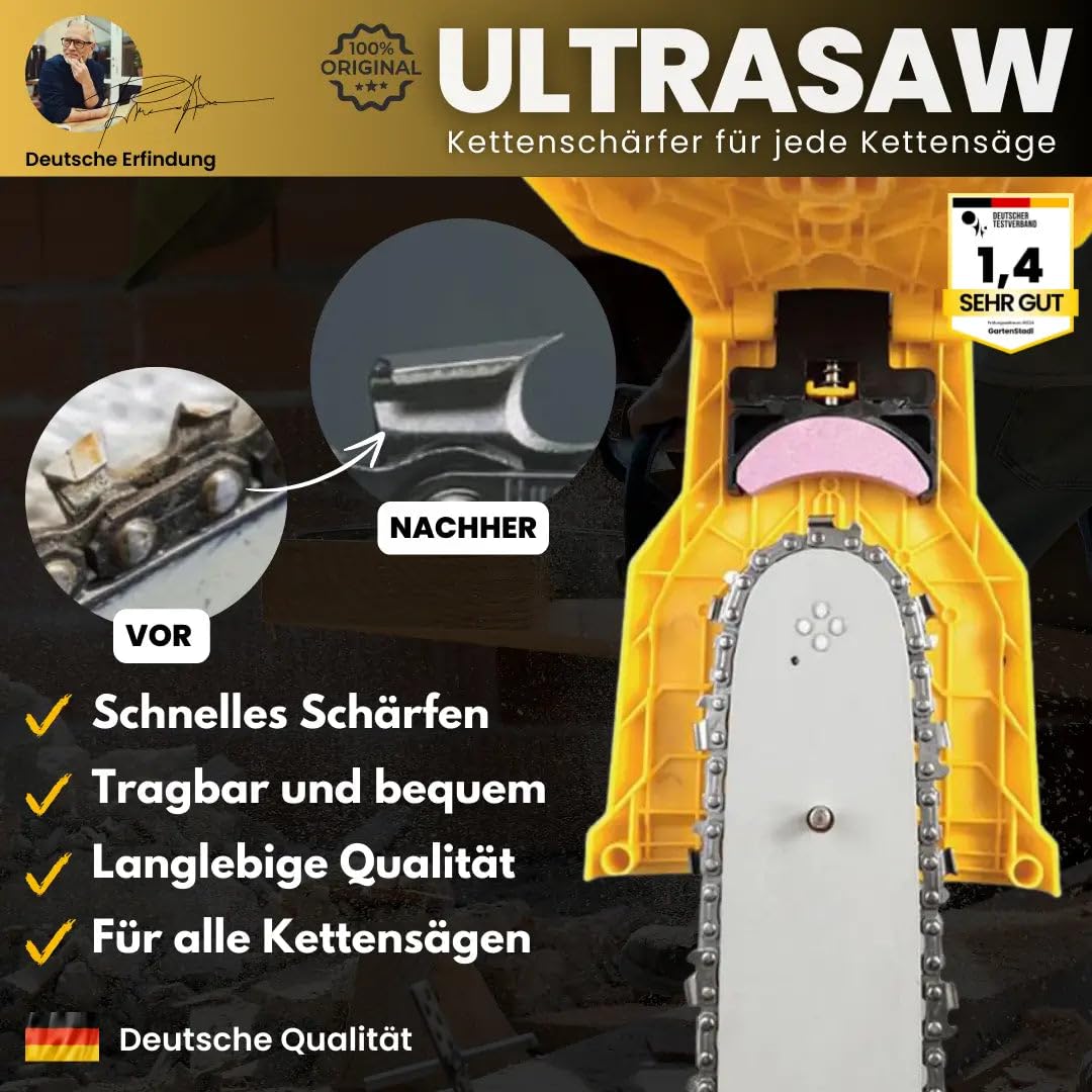 garten stadl UltraSaw - das Original - Universal Kettenschärfer für jede Kettensäge Tragbares Kettenschärfgerät für schnelle und präzise Schärfung, inklusive 1 Schleifstein