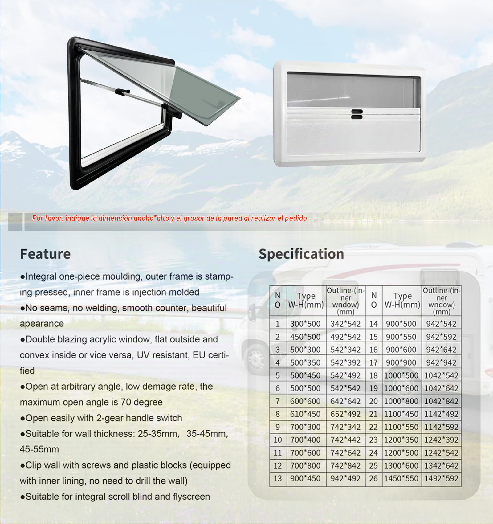 500X450MM Ventana para Camper y Caravana | Ventana Abatible Externa con Persiana Integrada y Mosquitera, Ideal para Todos los Tipos de Vehículos