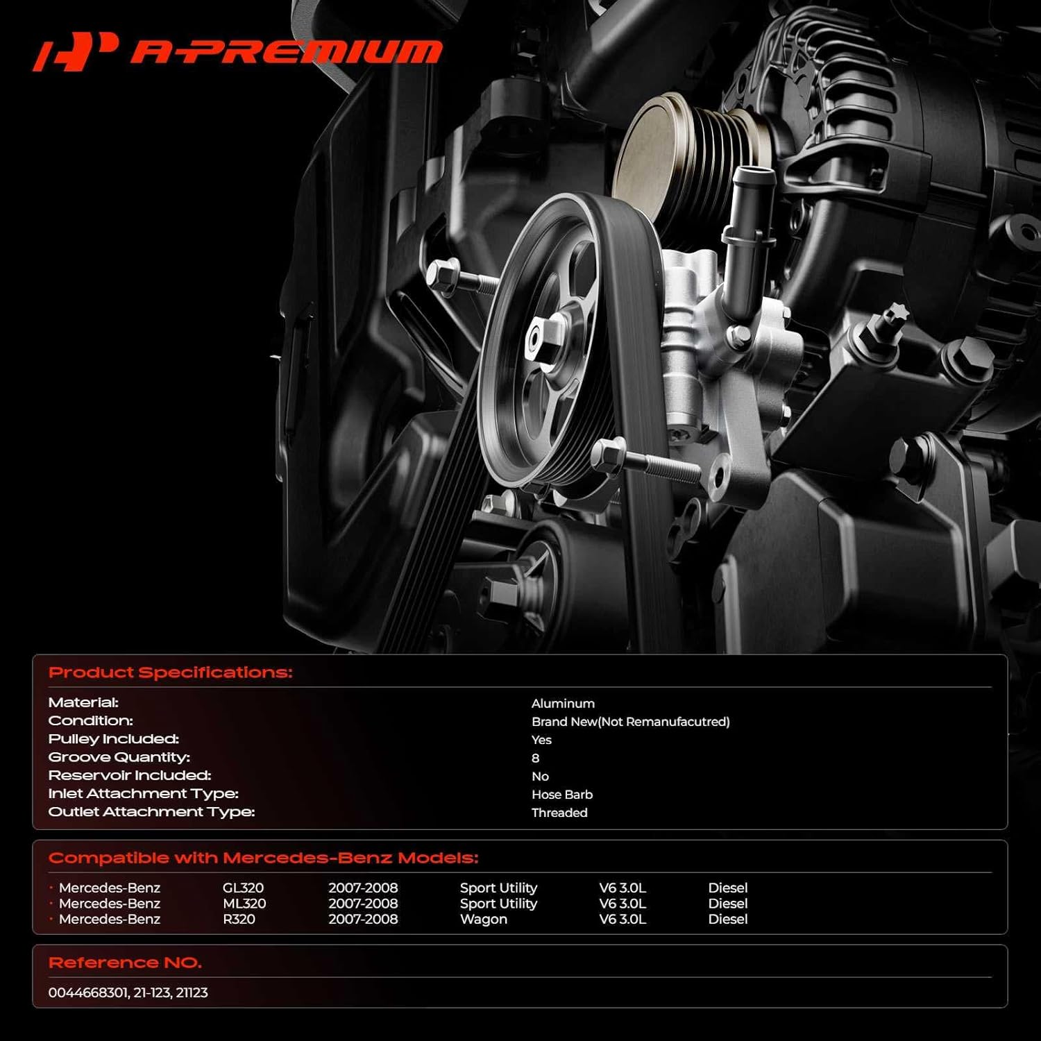 A-Premium Power Steering Pump, with Pulley, Compatible with Mercedes-Benz GL320 2007-2008, R320 2007-2008, ML320 2007-2008, V6 3.0L Diesel, Replace # 0044668301