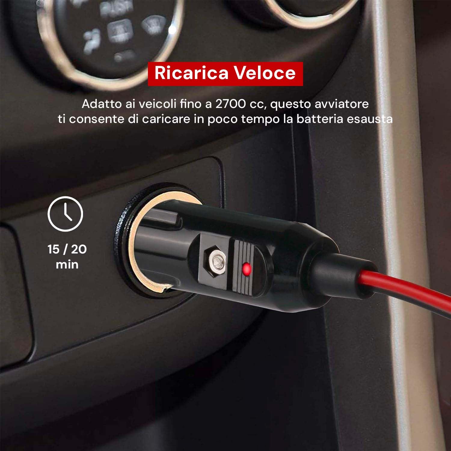 Avilia Universal-Starthilfe-Ladegerät 12 V mit 5 m Kabel – Notfall-Booster für Auto und Motorrad bis 2700 cc mit Zigarettenanzünder, integrierter Schutz