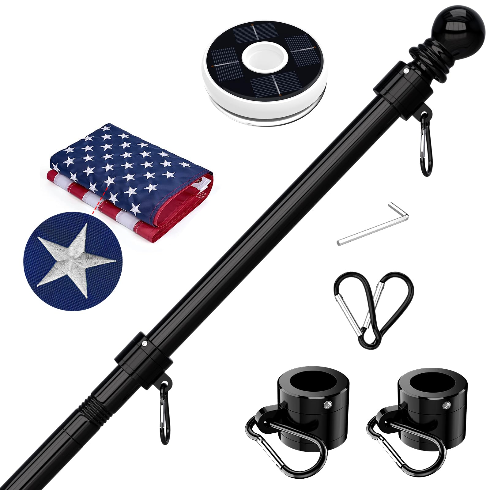 Mât de drapeau américain en acier noir de 152 cm avec lampe solaire incluse
