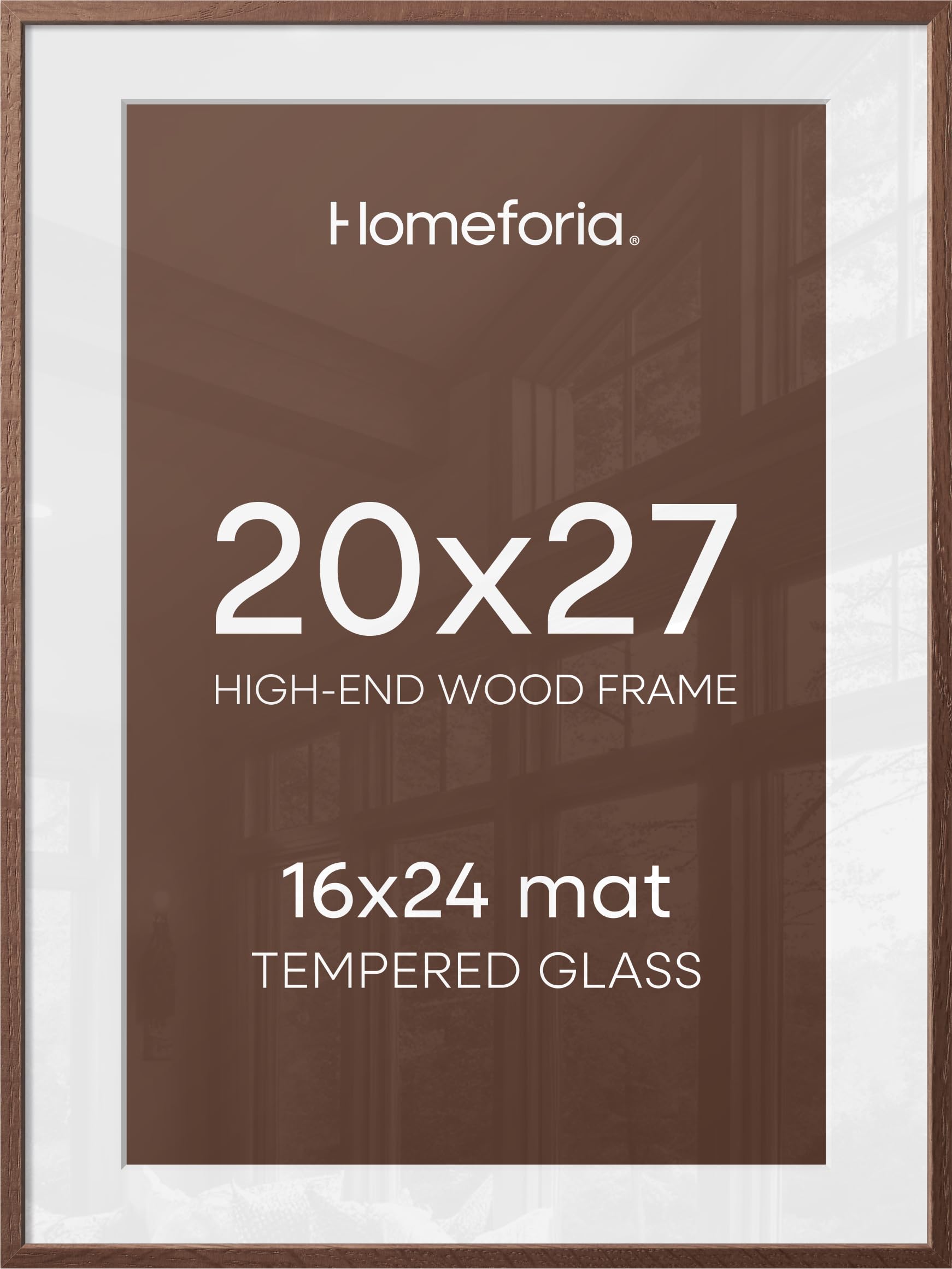 Homeforia 20x27 Picture Frame Brown, High End Dark Oak 20x27 Poster Wood Frame with Mat 16x24 for Photo, 20 x 27 Wooden Walnut Frame Matted to 16 x 24, 27x20 Frames, Tempered Glass, Wall Kit, Set of 1