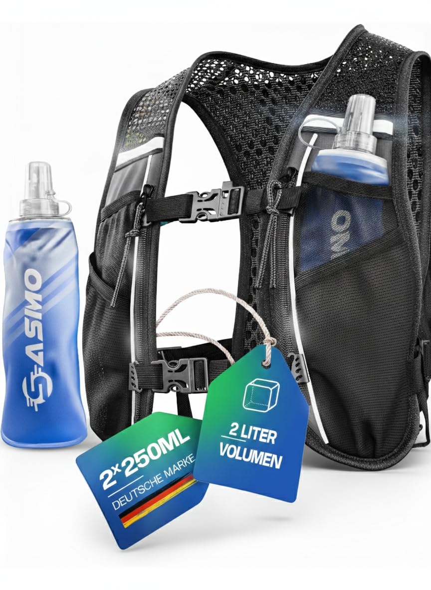 SASMO® Laufweste Damen & Herren 5L / 2L | Running Vest - Ultraleicht & atmungsaktiv| Laufrucksack Damen - 8 Taschen | Laufweste Herren | Trinkweste Laufen