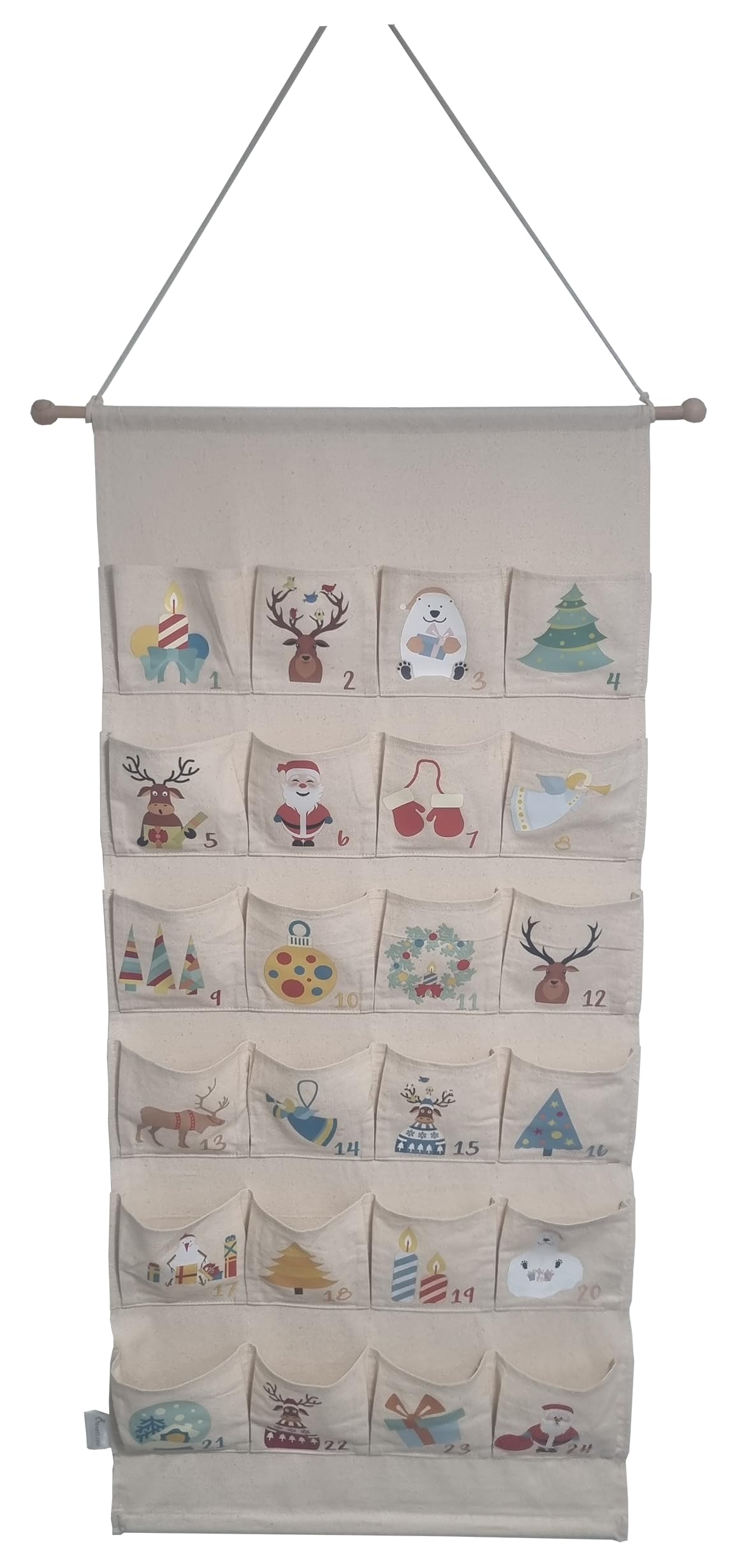 Calendario de Adviento para rellenar, tela de lino, 24 compartimentos, para colgar, con barra de madera, 108 x 51 cm