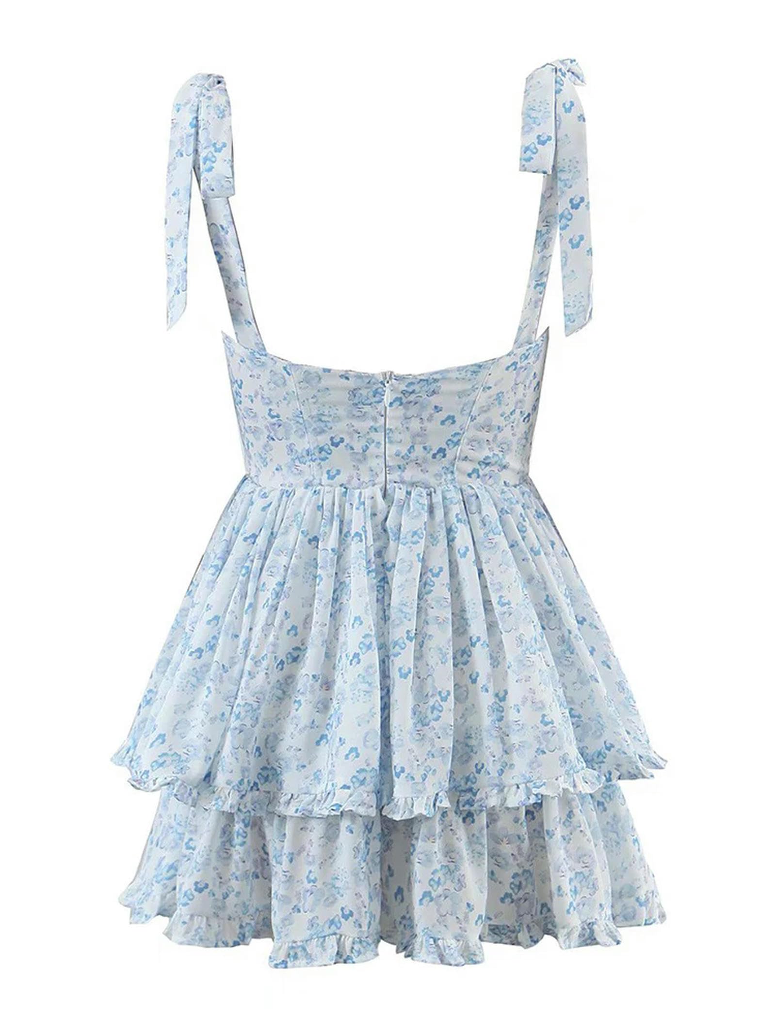 Abito da Donna alla Moda in Chiffon con Volant e Cinturino Spaghetti Abito da Festa con Stampa Floreale da Donna-Come Immagine-L