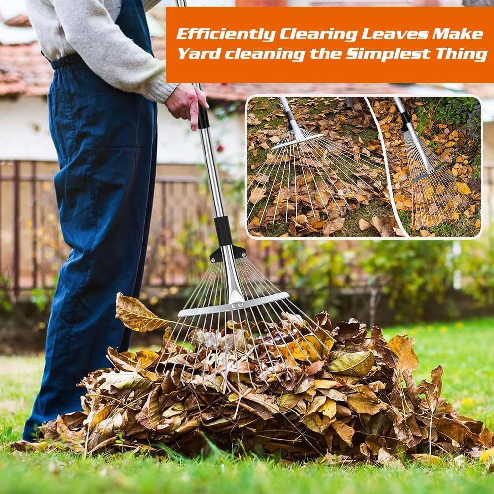 Verstellbarer Laubrechen 22–44 Cm | Mit 2,15 M Teleskopstiel & Handschuhen | Aus Edelstahl, Für Garten & Hof