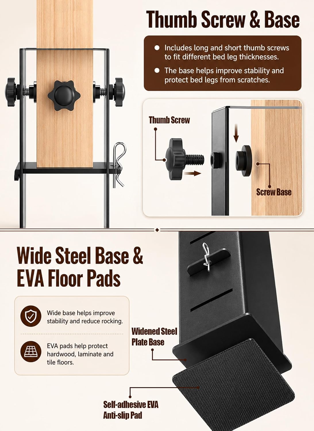 Heavy Duty Dorm Bed Risers Extenders, Fits Bed Legs 1.5" to 2.2" Diameter | Creates More Under-Bed Storage, 3 Adjustable Heights 2", 4", or 6", Wide Base & Thick Steel Construction, Black, 4-Pack