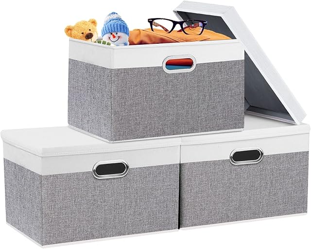 Yawinhe Storage Box with Lids 3 Pack, Collapsible Clothing Shelf Basket Toy Box, for Organizing Toys, Clothes, Office, 38x25x25cm, White/Grey, SNK023WGL-3