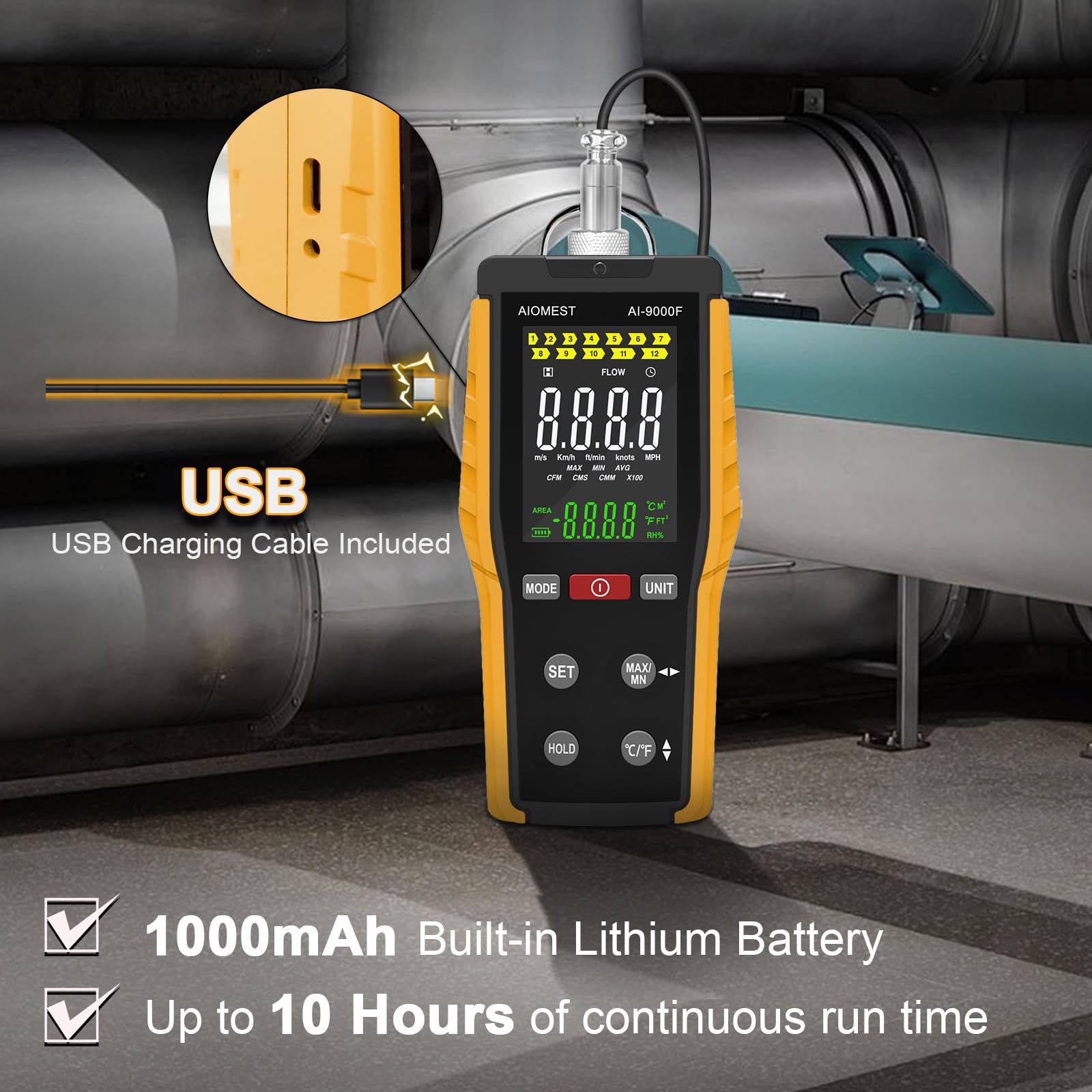 Anemómetro Térmico de Hilo Caliente AIOMEST AI-9000F HVAC Medidor de Viento Velocidad y Temperatura