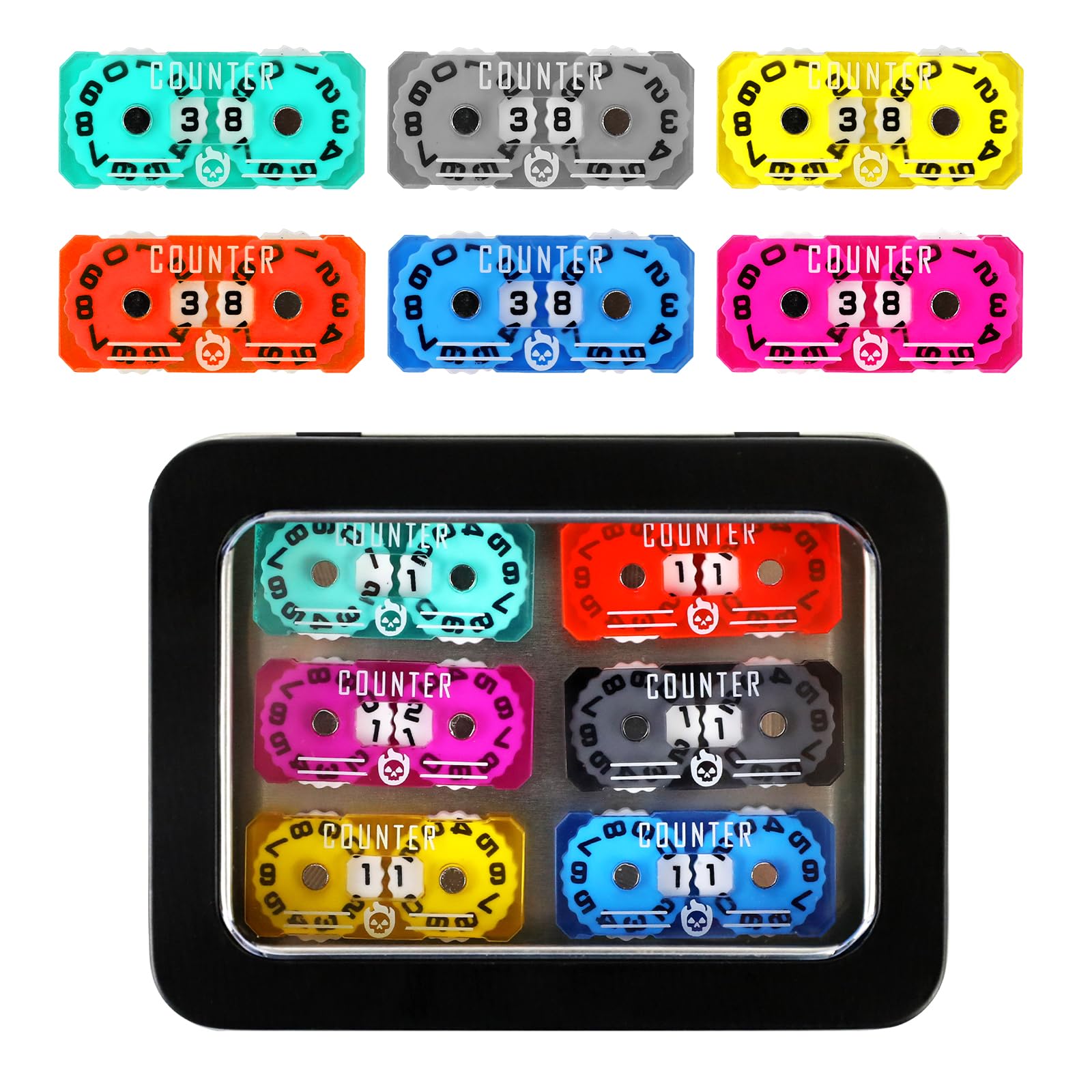 FIGURESLAB 6Pcs MTG Life Counter with Metal Box, Twin Digits Health Tracker Life Counter for Collectible Card Games (C color-6Pcs)