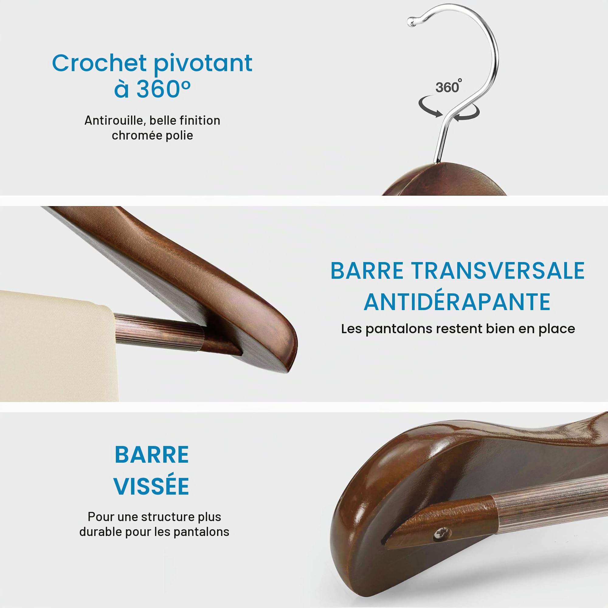 Lot de 6 cintres en bois de qualité supérieure - Épaules extra larges (5,8 cm) avec crochet rotatif à 360° - Avec barre pour pantalon pour manteaux, vestes, robes et costumes - En bois massif de