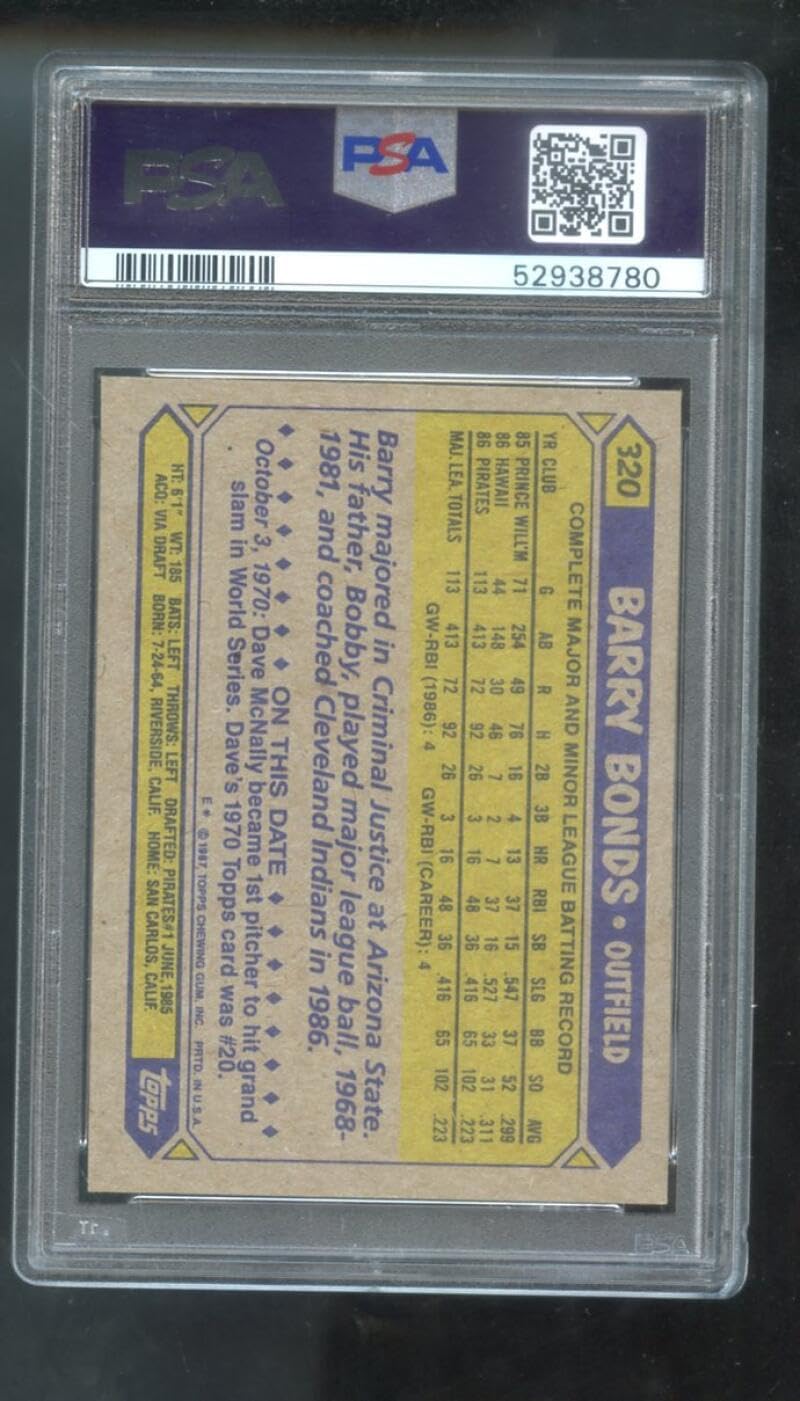 Barry Bonds Graded PSA 9 MINT (Baseball Card) 1987 Topps - [Base] #320