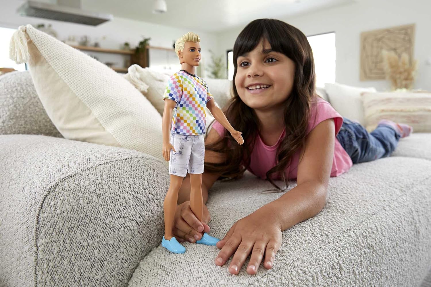 Barbie Fashionistas Ken Doll #174 with Sculpted Blonde Hair Wearing Surf-Inspired Checkered Shirt, Denim Shorts & Deck Shoes
