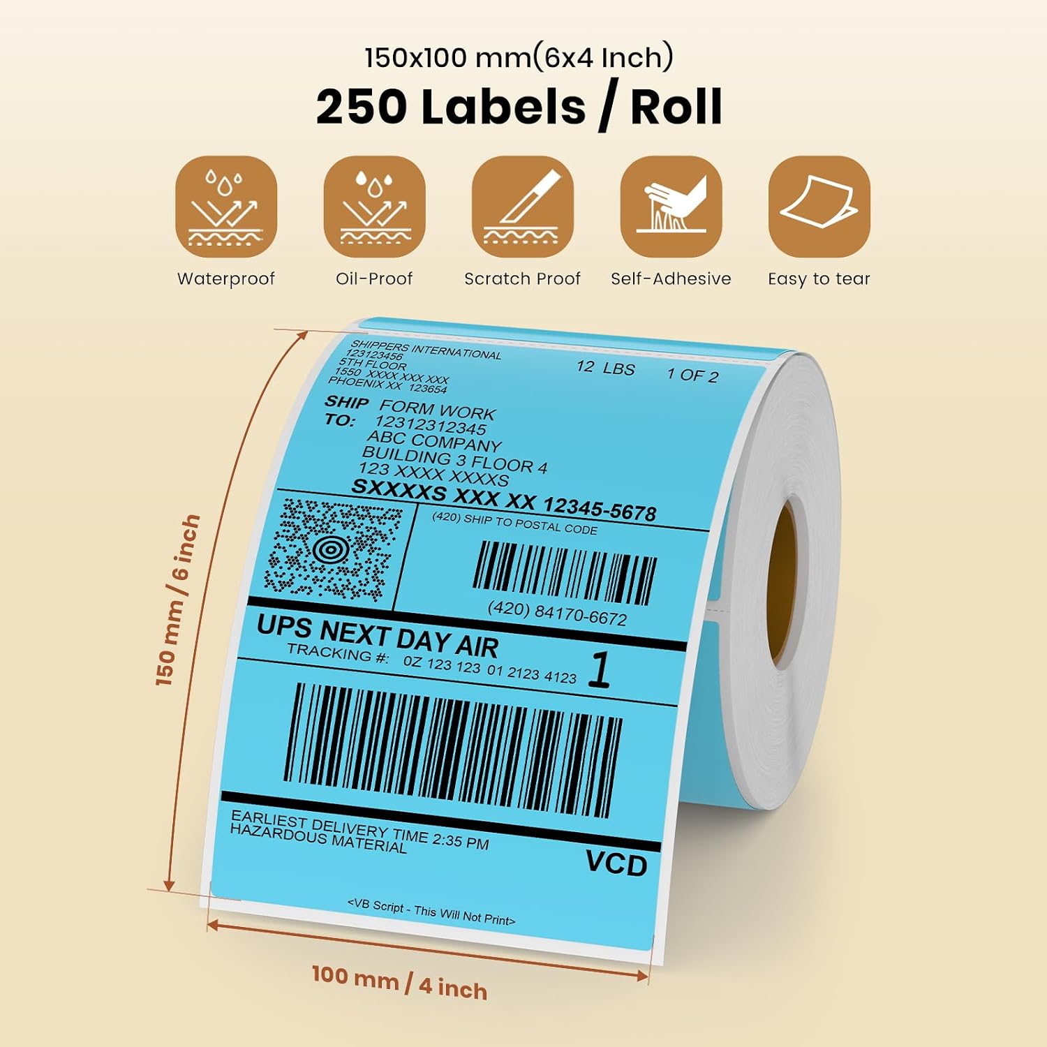 Blue Thermal Labels Vinyl 6 × 4 Inch Self-Adhesive Rectangle Stickers Roll Waterproof Printer Decals Shipping Tag for QR Code DIY Office Address 250 PCS