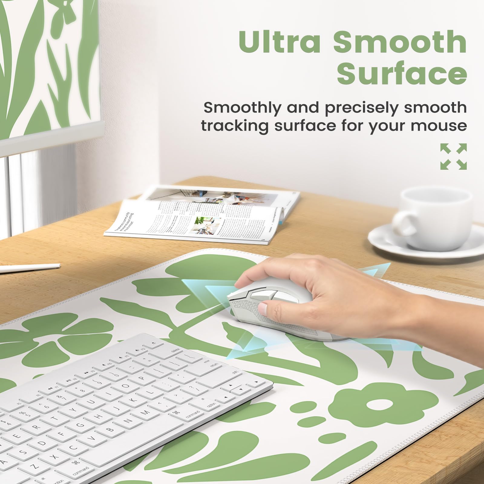 iCasso Tapis de Bureau 4 en 1 à Motif Floral avec Repose-Poignet, Tapis de Souris Ergonomique antidérapant XXL pour Ordinateur Grand Ordinateur avec Support de Poignet pour Clavier et Souris (Vert)