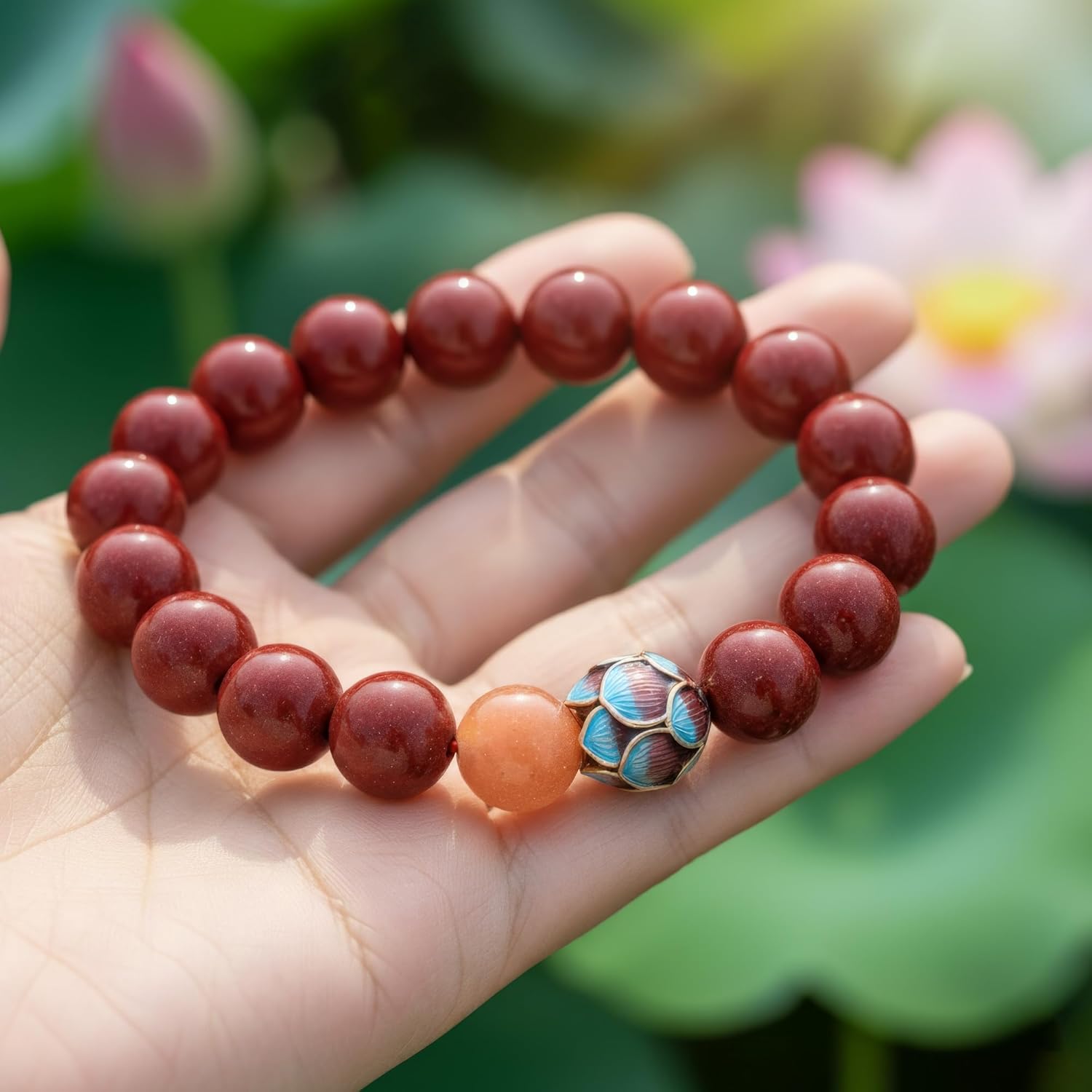Cinnabar Lotus Bracelet for Women, Feng Shui Spiritual Jewelry, Beaded Stretch Good Luck Amulet with Sunstone Accent. - Image 4