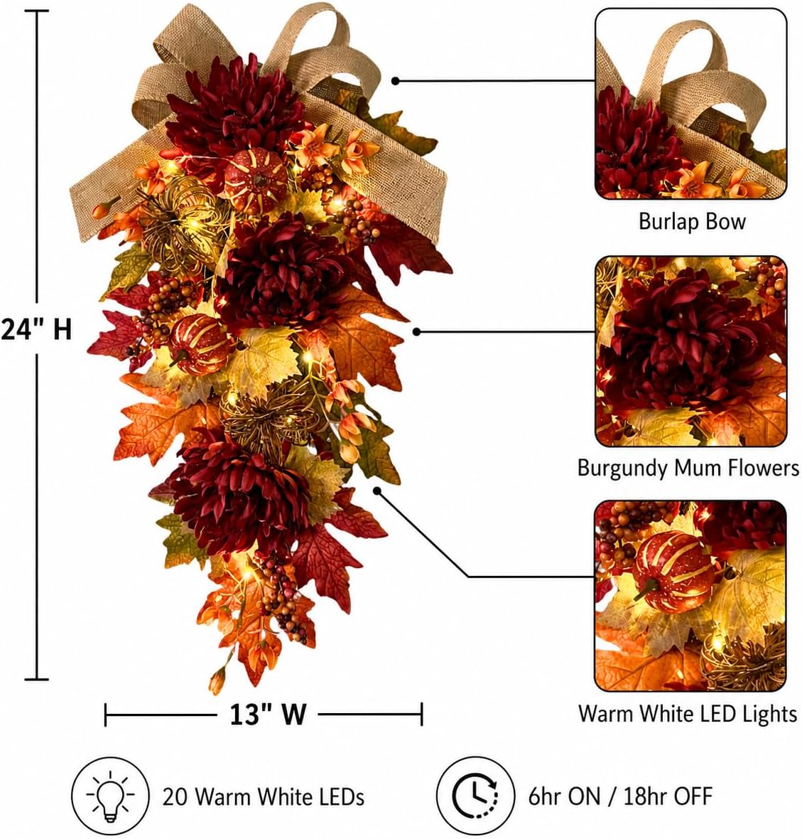 Svndlyn 24 Inch Lighted Fall Teardrop Swag with Timer and Burlap Bow | 20 LED Autumn Hanging Swag with Pumpkins, Berry Clusters and Burgundy Flowers for Fall Front Door Decor