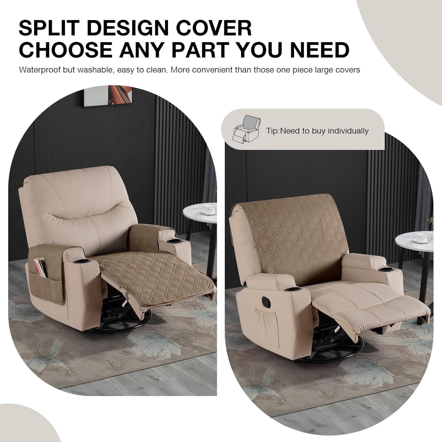 VANSOFY Recliner Chair Covers 100% Waterproof Seat Cover with Arm Reclining Cover Non-Slip Recliner Chair Covers Furniture Protector Washable Slipcover with Pocket for Pets, Dogs(Light Brown, 22")