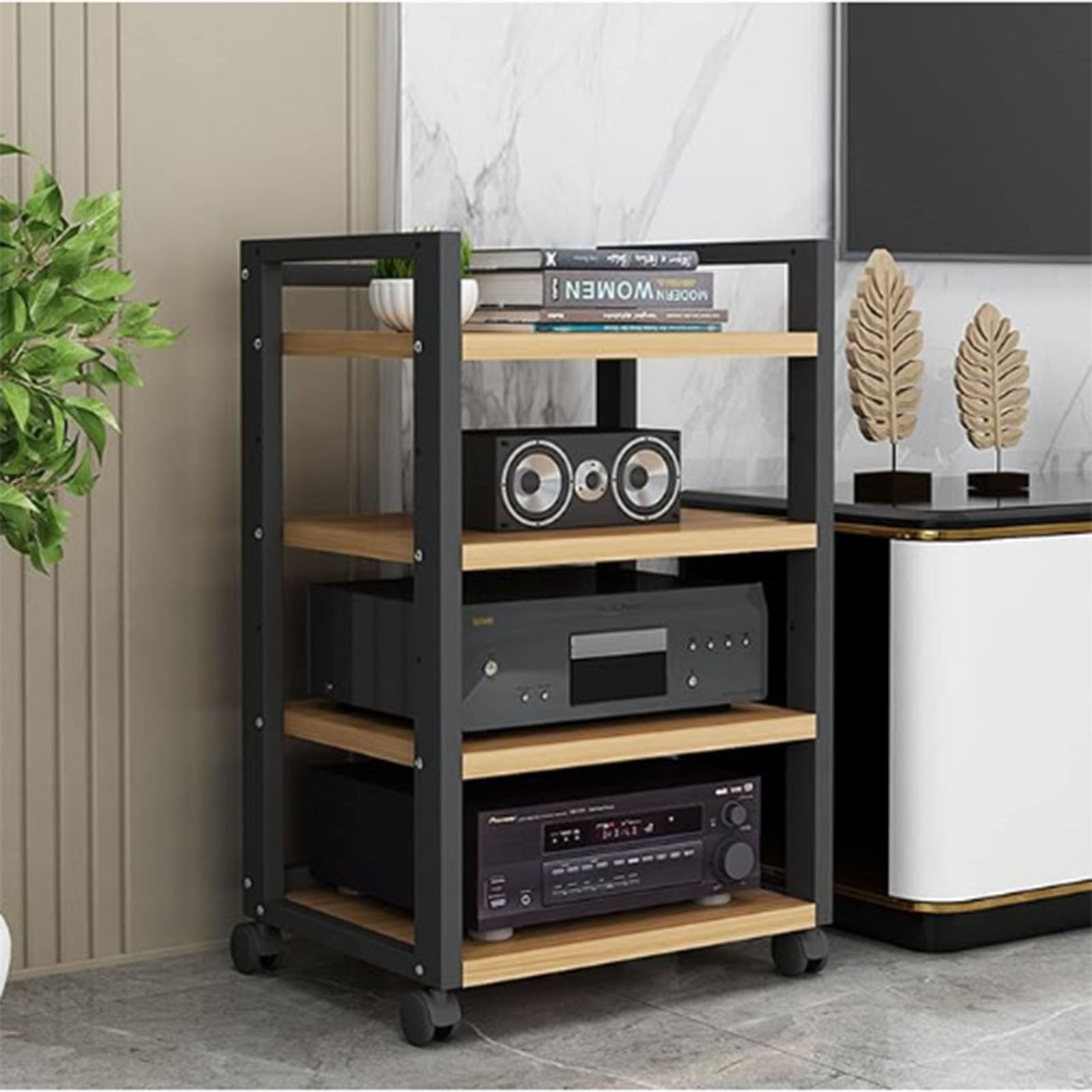4-Tier Movable AV Media Stand, Multi-Function Media Stereo Stand CD Player, Rack Audio Tower with Adjustable Shelves, Open Storage Rack Floor Standing for Home/Office/Audio Video/DJ/Theater
