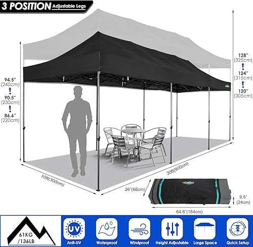 Miniatura 4 de COBIZI Toldo desplegable resistente de 10 x 30 pies con 8 paredes laterales, tiendas de campaña para bodas al aire libre para fiestas, toldo