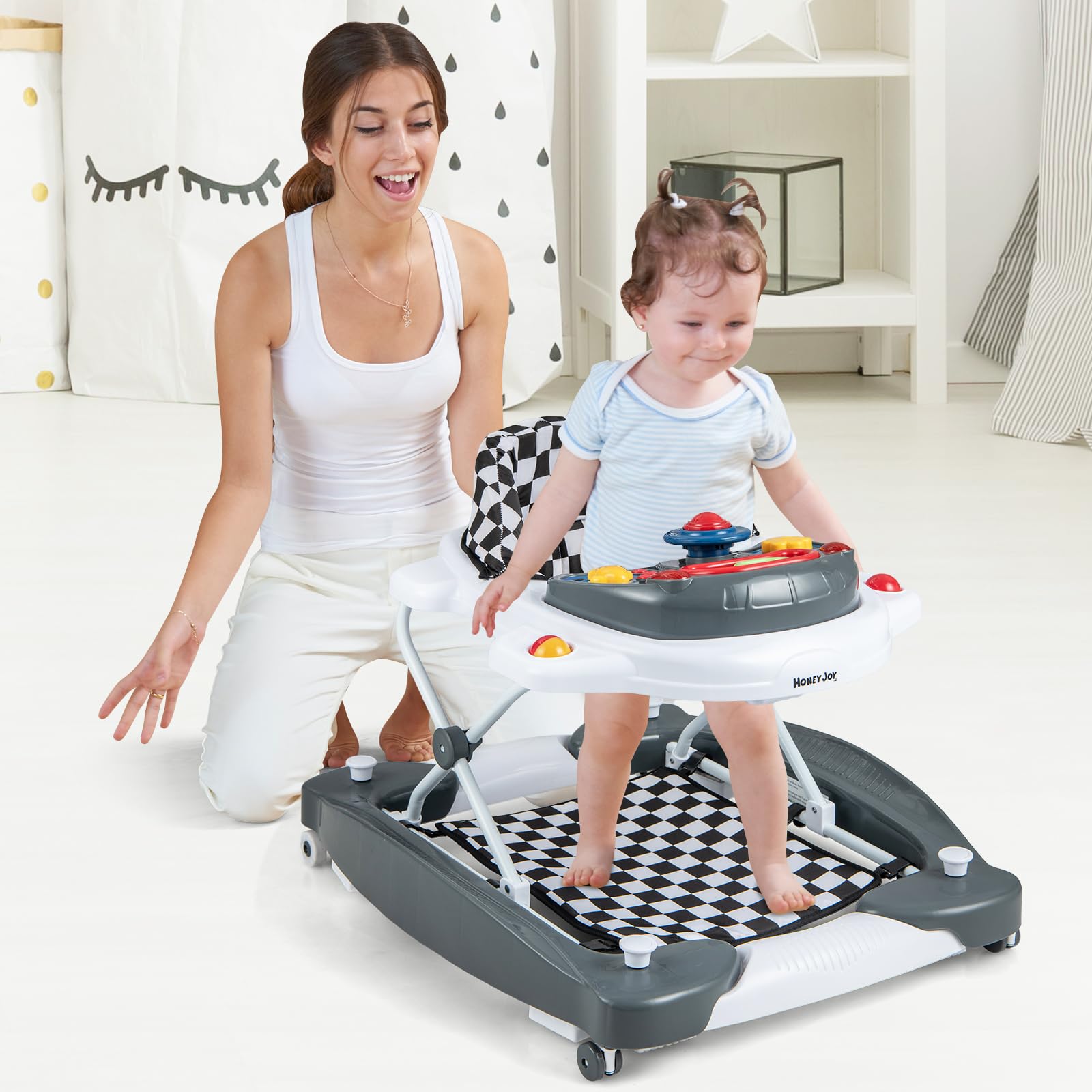 GOPLUS Trotteur Bébé Garçon Fille Evolutif 6 en 1, Trotteur Marche Bebe Pliable avec 3 Hauteur Réglable, Lumières, Musique, Plateau d’Activités Amovible, Charge 12KG, pour 6+ Mois (Gris)