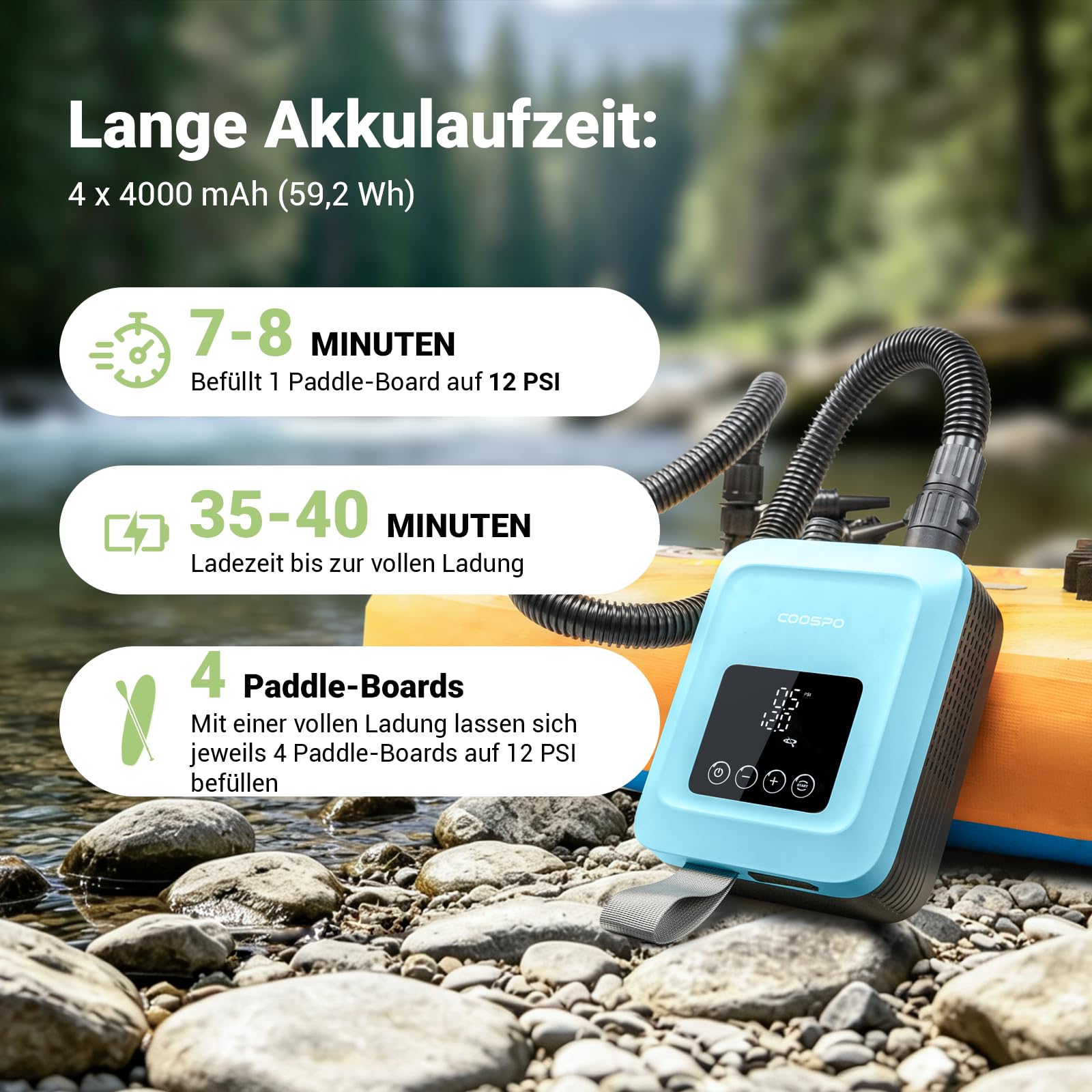 CooSpo Elektrische SUP-Luftpumpe, 20 PSI Hochdruck-Elektropumpe, mit wiederaufladbarem Akku (59,2/44.4 Wh), geräuscharm, Zwei Aufpumpmodi für Kajaks und Paddleboards