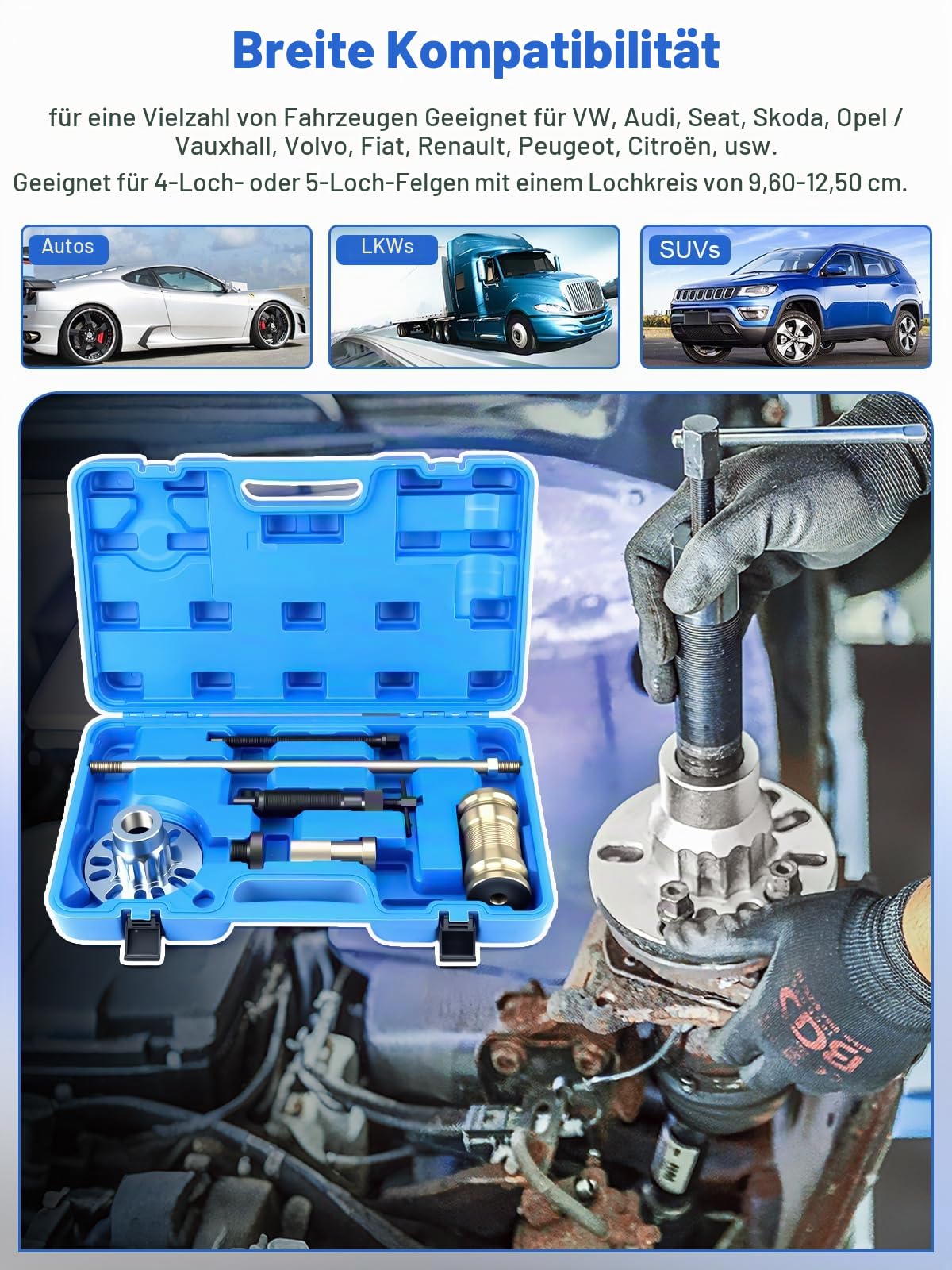 10T 8Tlg Hydraulischer Radnaben Abzieher Profi-Set, Universell für 4/5-Loch Felgen (96-125mm), Antriebswellen Ausdrücker mit Manueller Hydraulikpumpe und Schlaghammer