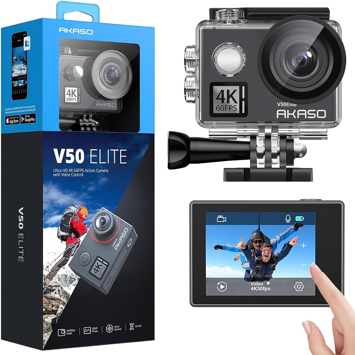 V50 Elite 4K60fps Pantalla táctil WiFi Cámara de acción Control de voz EIS | Zoom 8X, cámara impermeable de 131 pies, control remoto