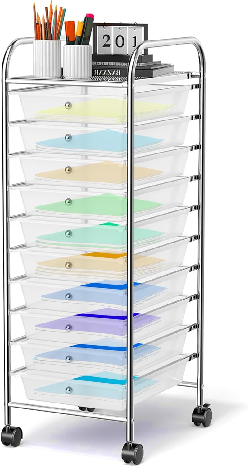5 Tier Rolling Cart with Drawers, (White) Storage Cart Wheels & Rolling Carts with Wheels, Utility Cart on Wheels, Perfect Craft Cart, Snack Cart, Art Cart or Book Cart (37.5” x 16” x 8”)