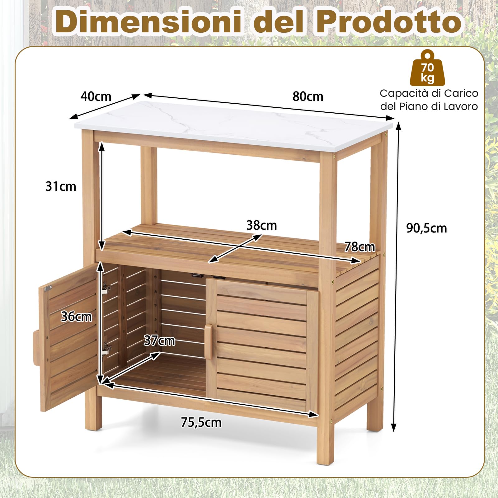 COSTWAY Armadio da Esterno Impermeabile in Legno di Acacia, Mobile Esterno Balcone con Piano di Lavoro in Resina, 2 Ante Persiana e Ripiano Aperto, per Piante e Attrezzi, Naturale, 80 x 40 x 90,5 cm