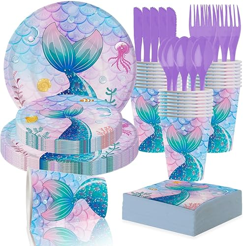 Juego de 175 suministros para fiesta de sirena, incluye platos de papel de sirena, servilletas, tenedores, 25 invitados para decoración de fiesta de