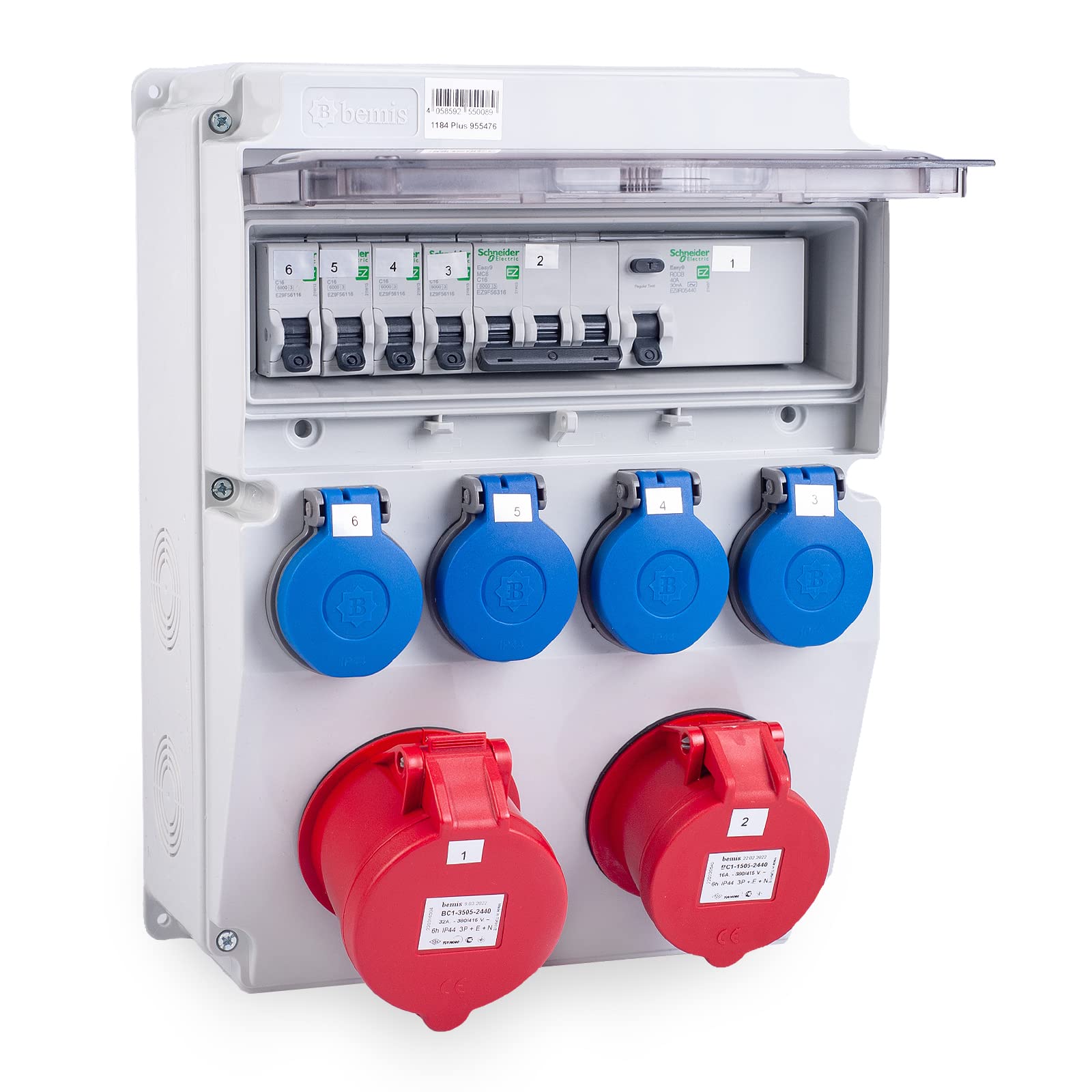 Tableau de distribution électrique de chantier MIDORI | Répartiteur de prises CEE complet 1184 Plus avec 1x 32A/5P, 1x 16A/5P, 4x 230V de HAGER selon IP44 | Distributeur mural avec disjoncteur FI