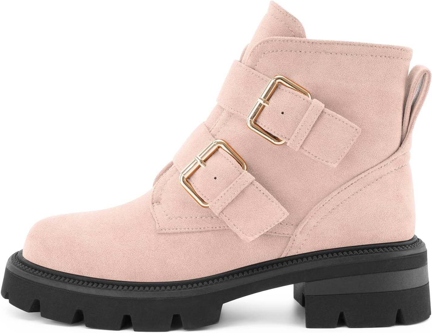 Women's Lug Sole Chunky Heel Short Combat Boots Ankle Suede Booties Heeled Platform Black Comfort Shoes with Side Zipper Buckle - Image 5