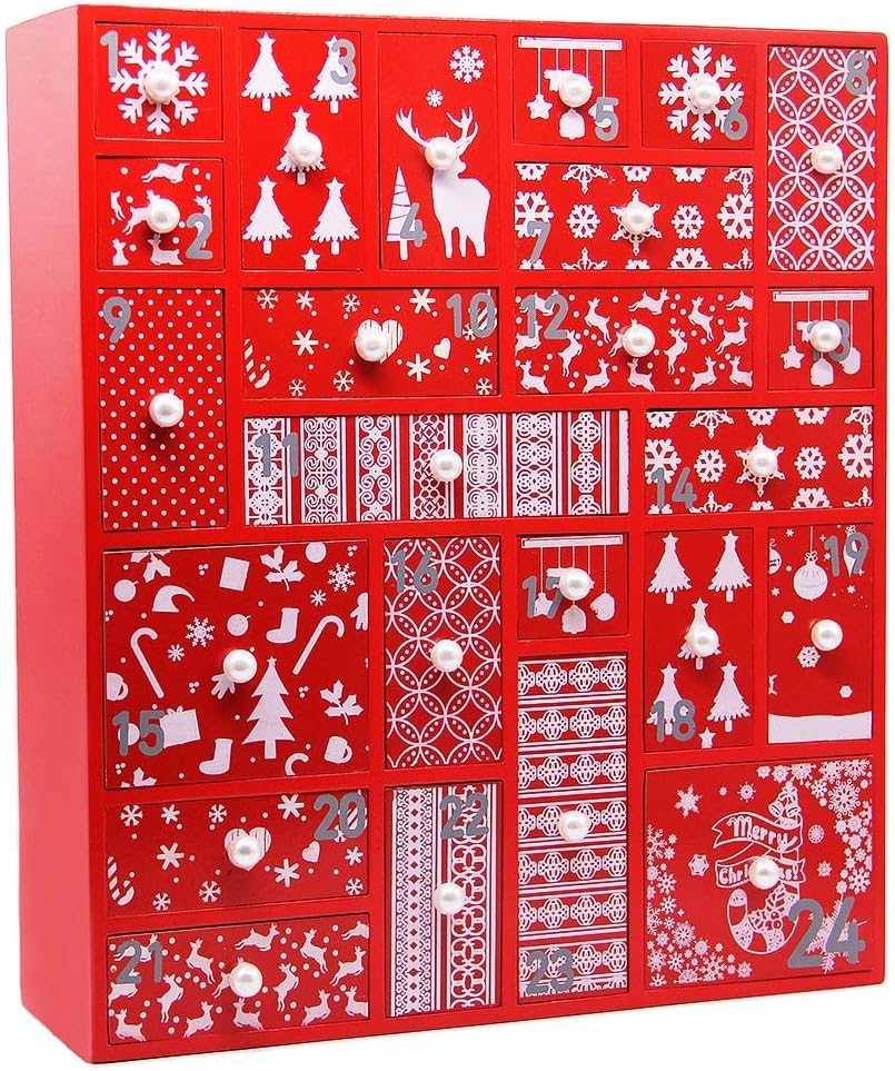 Red Advent Calendar with 24 Drawers Countdown to Christmas, Refillable Wooden Advent, 15 Inches Tall