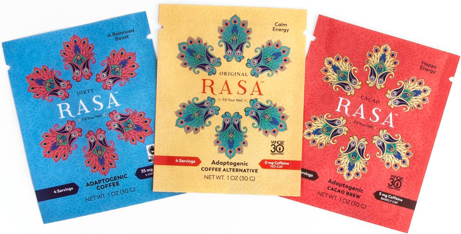 RASA 3-Pack Sampler (Original, Cacao, & Dirty) – Adaptogenic Mushroom Coffee Alternative | Vegan, Keto, Whole 30, Ayurveda Wellness Tonic with Chaga + Reishi (3 Packets / 1 oz. ea.)