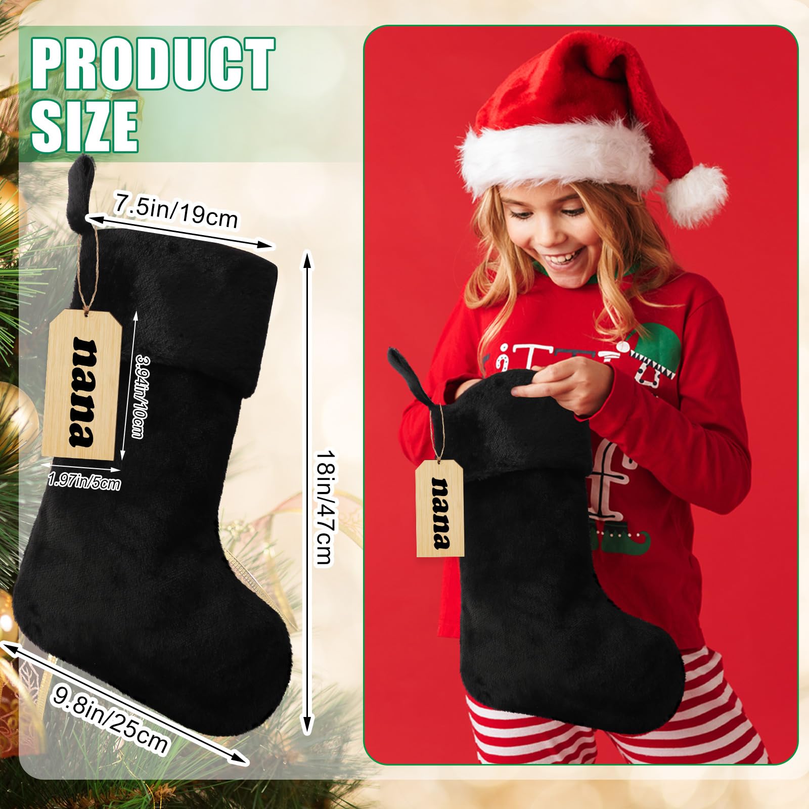 Glimin 8 Set 18 Inch Black Christmas Stocking Personalized Name Tags Thick Plush Fabric Hanging Stockings Unfinished Wood Tags for Xmas Holiday Party Tree Fireplace(Black)