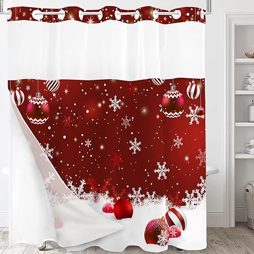 PAOPOED Cortina de ducha de Navidad sin gancho, copos de nieve de Navidad rojos, bolas de Navidad divertidas con purpurina brillante, cortinas de