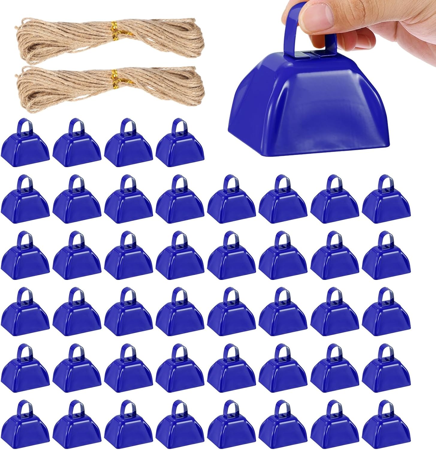 PATIKIL 48pcs Cow Bells for Football Games, 3 Inch Cowbells for Sporting Events Bulk Loud Noise Makers Metal Cow Bell with Rope for Cheering Wedding, Blue