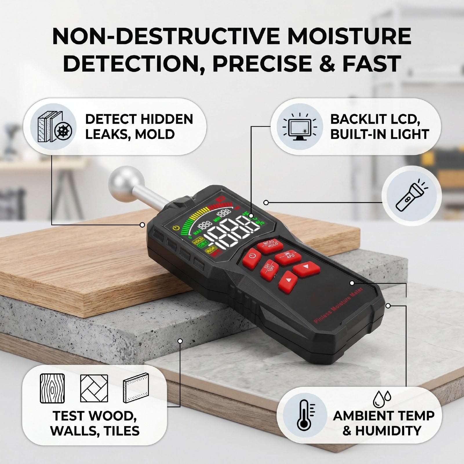 Generic Medidor de Humedad Higrómetro de Pared de Madera Detección Capacitiva Avanzada para Gabinetes Áticos RVs y Campistas Sonda de 58 Mm