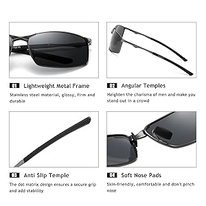 SUNGAIT Ultra-Lightweight Polarized Sunglasses Men for Driving Fishing Golf, Rectangular Metal Frame with Spring Hinge