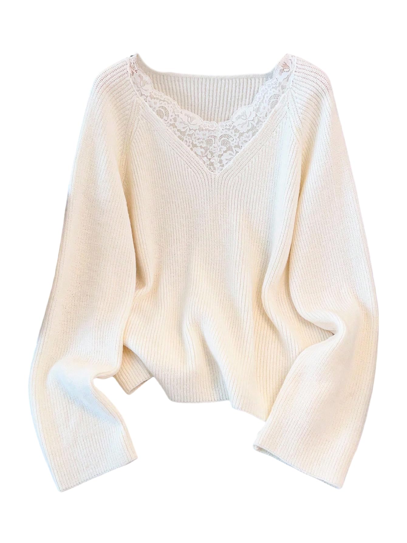 MakeMeChic Womens Plus Size Lace V Neck Sweater Long Sleeve Rib Knit Pullover Tops