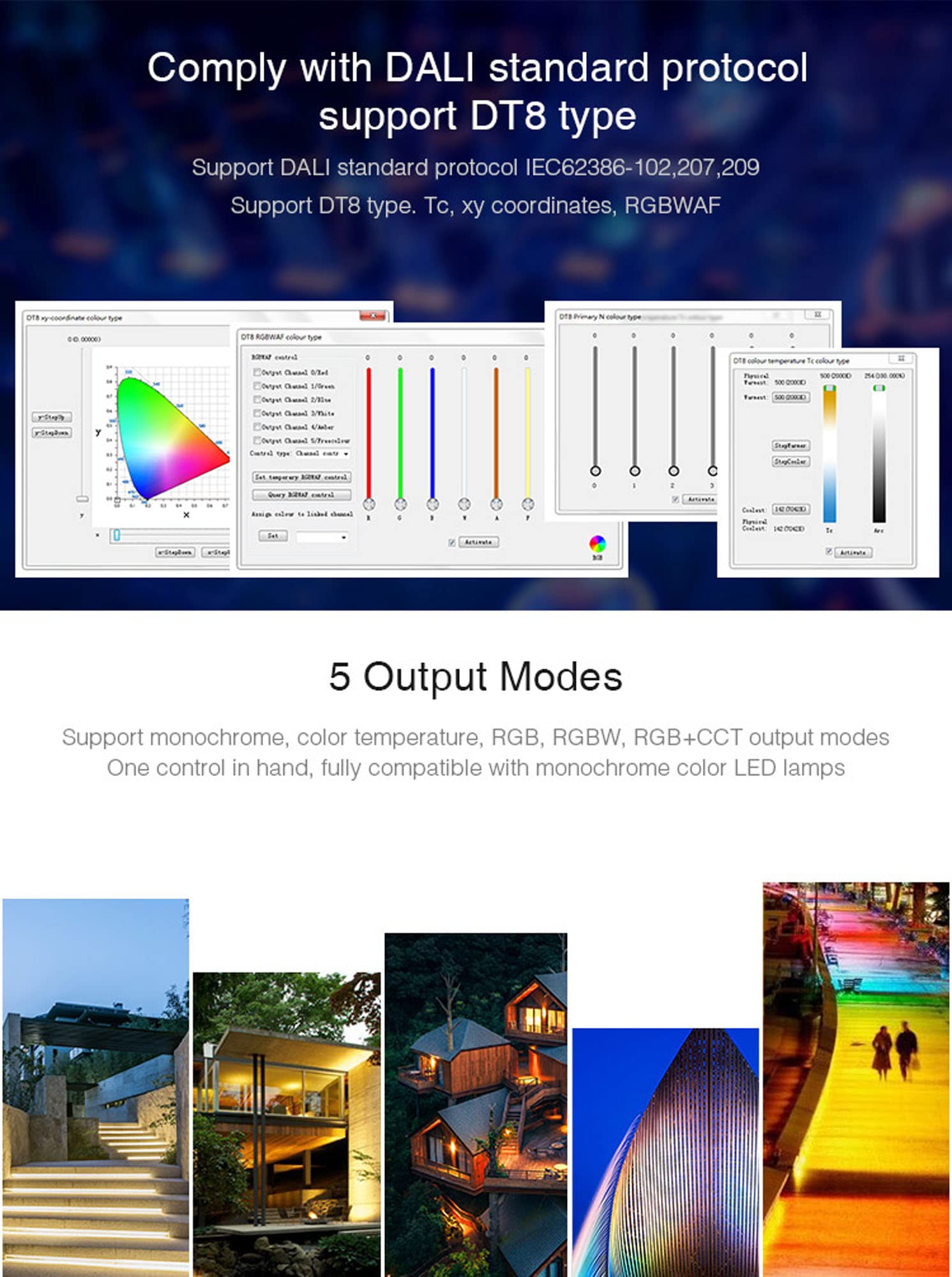 Controller 5 in 1 (DT8) DALI Signal or Push Dimming 12/24 V fino a 15 A, CCT, RGB, RGBW, RGB+CCT