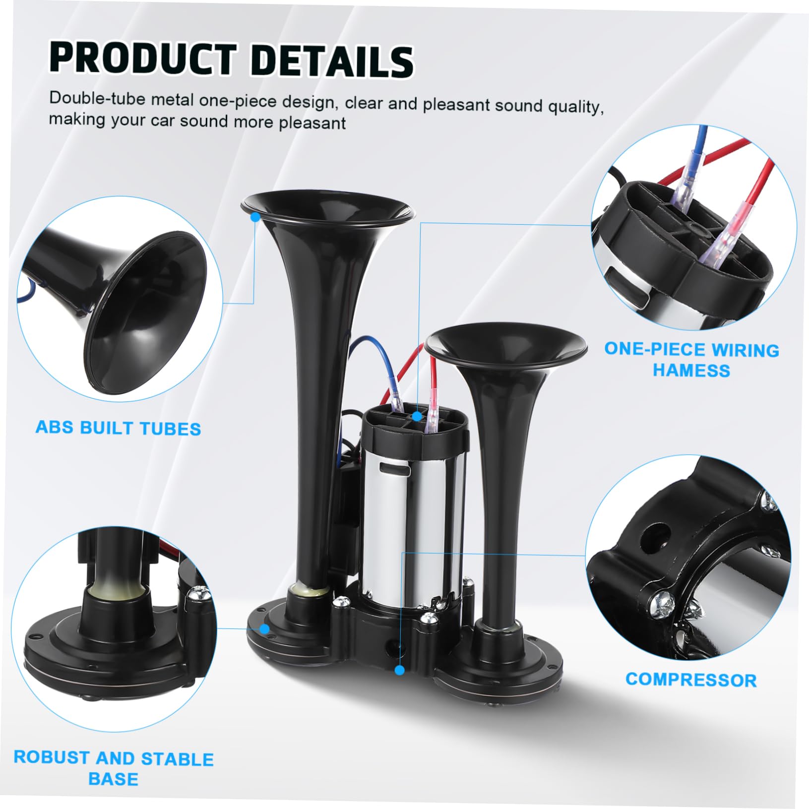 Amosfun Bocina de Aire Eléctrica de 2 Trompetas, Metal Negro, 12 V, Sonido Fuerte, Instalación Fácil, para Camión y Vehículo,