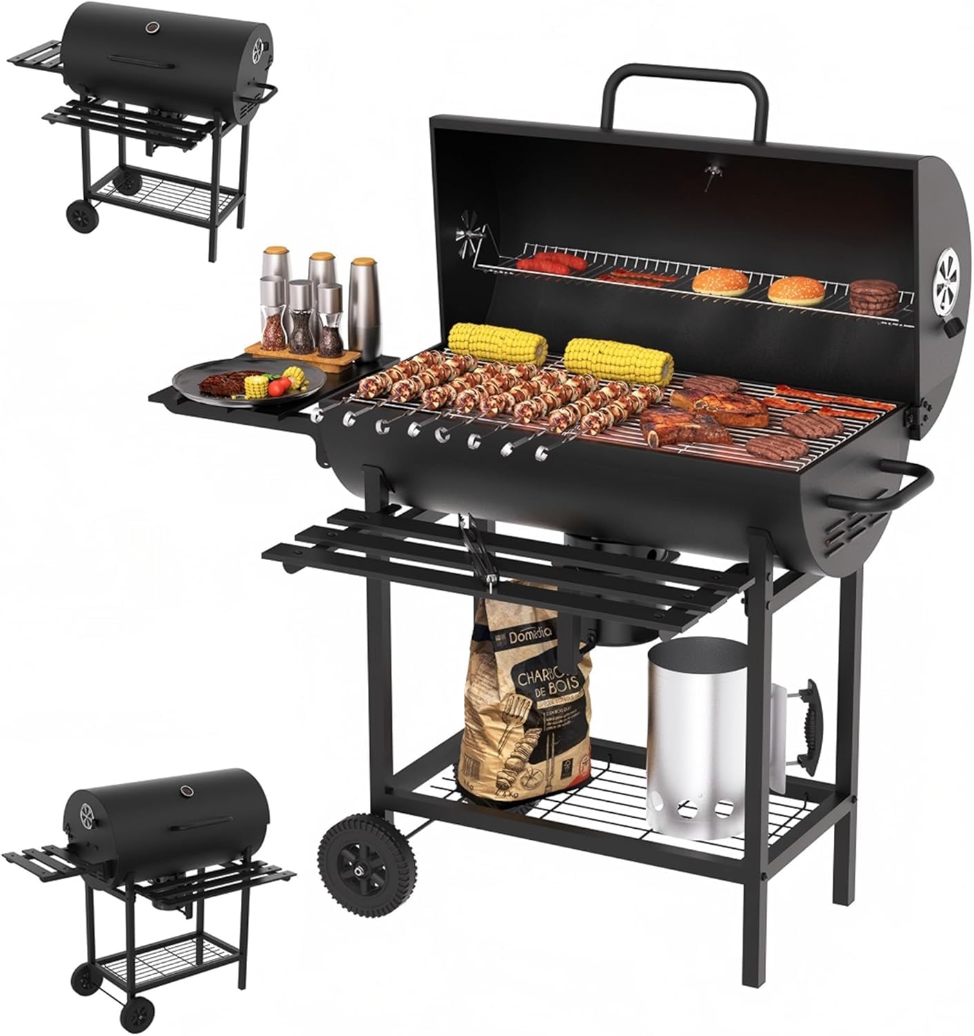 Barbacoa de Carbón – Parrilla de Acero con Ventilación Regulable, Rejilla Superior para Verduras, Estante Inferior, Mango Resistente al Calor, Gran Superficie de Cocina