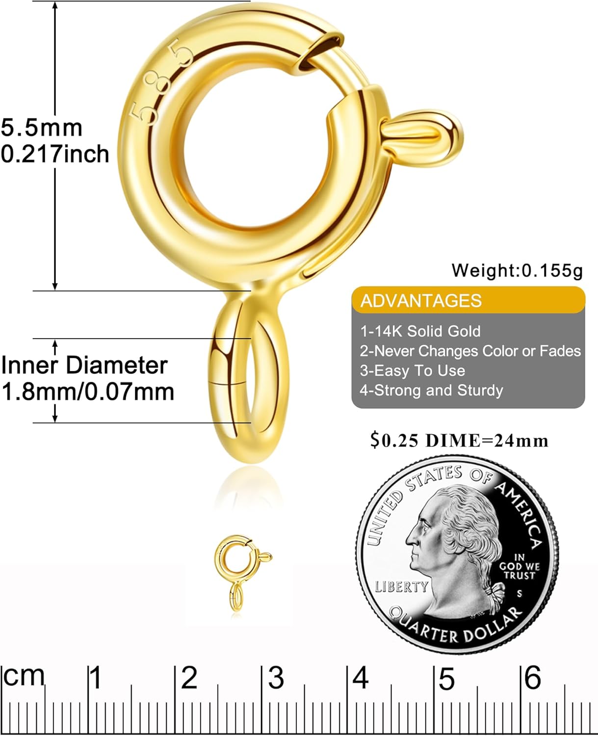 14K Solid Gold Spring Clasp - 5.5mm Jewelry Clasps with Open Jump Ring for Necklaces Bracelets Anklets Chain (14k Yellow Gold-5.5mm) - Image 2