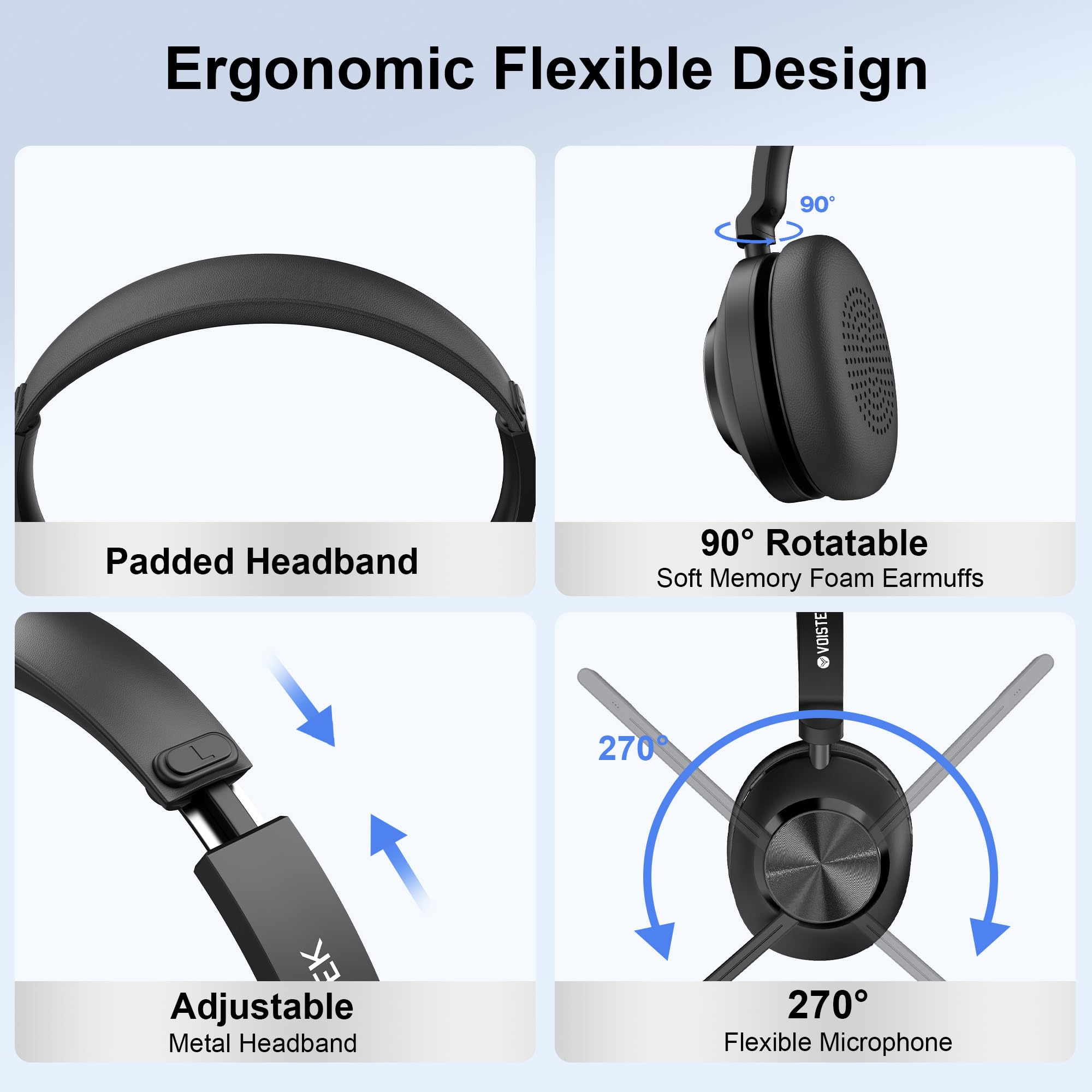 Voistek Auriculares Bluetooth Inalámbricos con Micrófono y Cancelación de Ruido, Dongle USB para PC, Diseño Ligero y 45 Horas de Autonomía con Botón, Compatible con Windows, Mac, iOS, iPadOS, Android