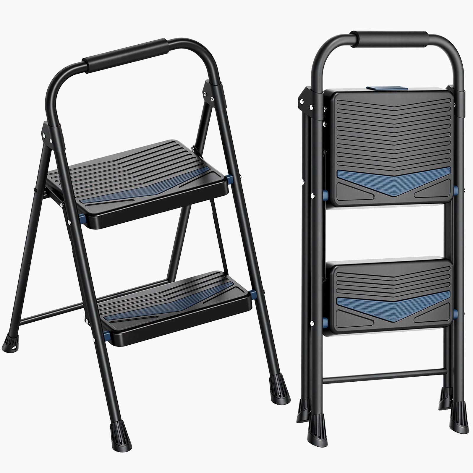 KINGRACK Ladder 2 Steps, Wide Non-Slip Steps and Handrails | Capacity 150kg Steel Folding Ladder Step Stool Lightweight Portable Space Saving for Home, Kitchen, Office, Garage