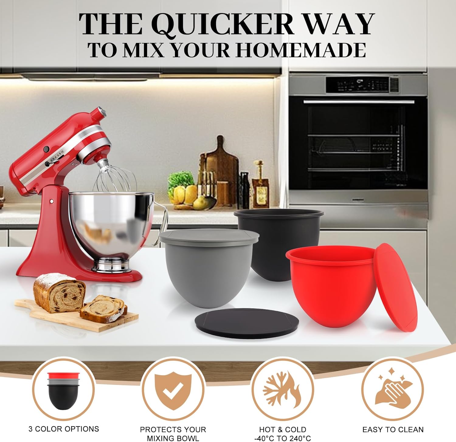 5QT Silicone Mixing Bowls with Lids (3 pack) Compatible with 5QT KitchenAid Mixer, Shatterproof, leak-proof design, Non-slip base, Easy-to-clean food storage bowls, Food-grade silicone