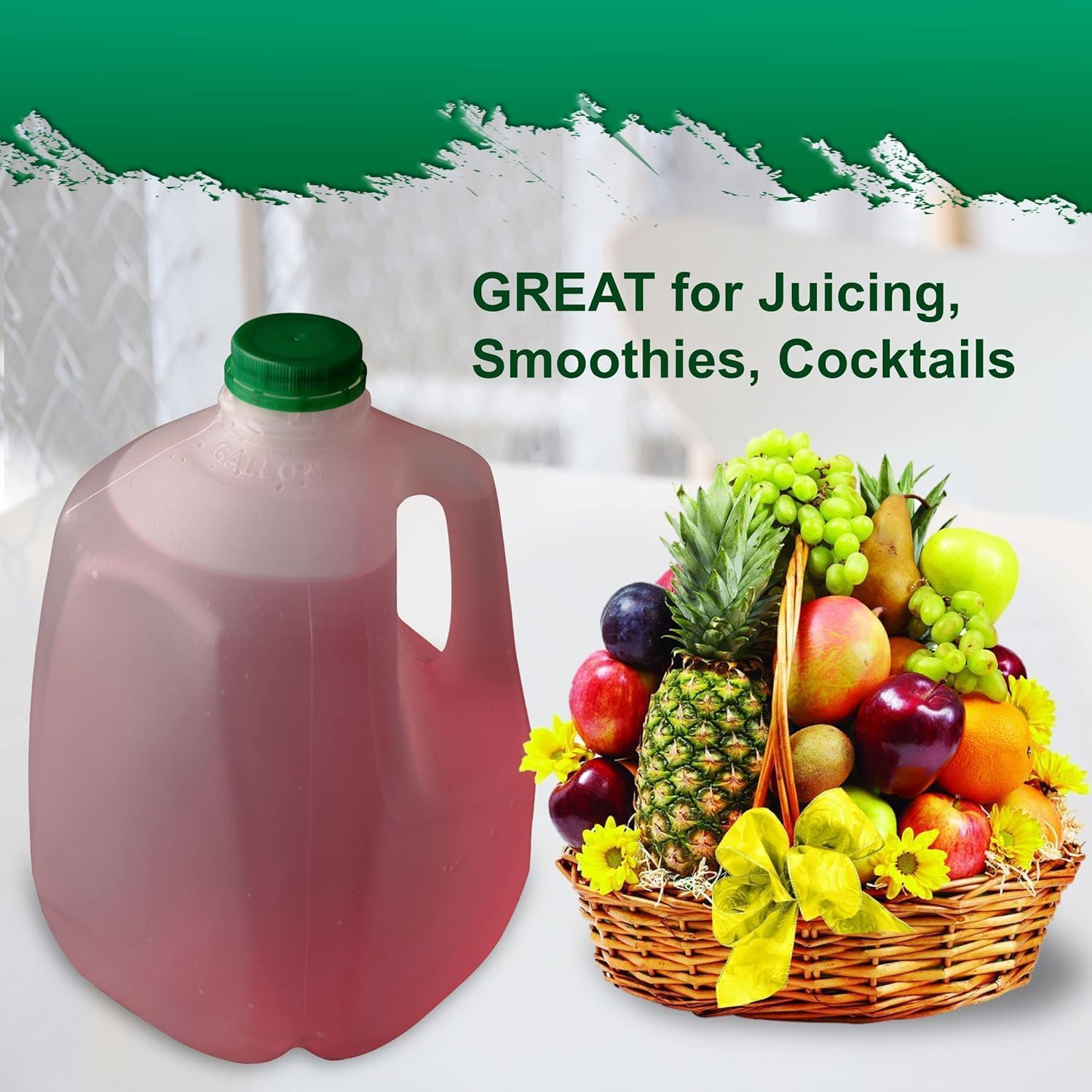 (4 PACK) 128 Oz Empty Plastic Gallon Juice Bottles with Tamper Evident GREEN Caps - Smoothie Bottles - Ideal for Juices, Milk, Smoothies, Picnic's and Even Meal Prep - Made in USA